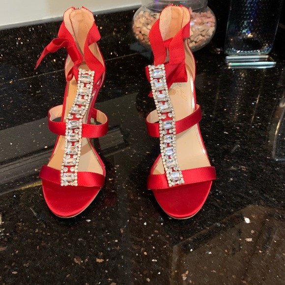 Badgley Mischka Red Satin & Rhinestone Sandals - Picture 2 of 4